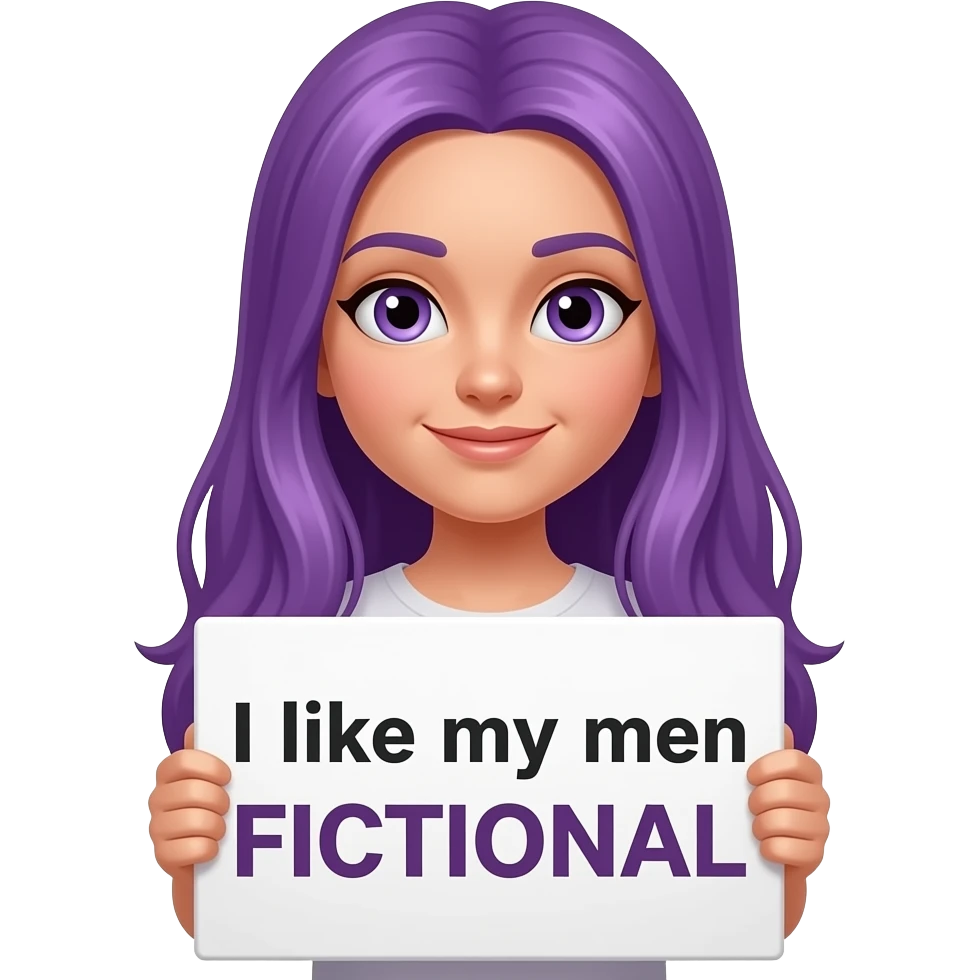 girl with long purple hair holding a I like my men FICTIONAL sign emoji