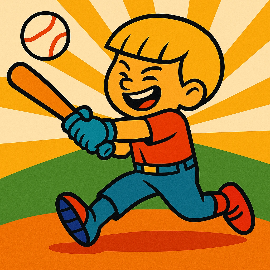 Change the boy's hair to blonde, keep the bowl cut, vibrant cartoon style, hitting a home run in baseball, dynamic action, expressive, clear baseball bat and ball, energetic pose. emoji