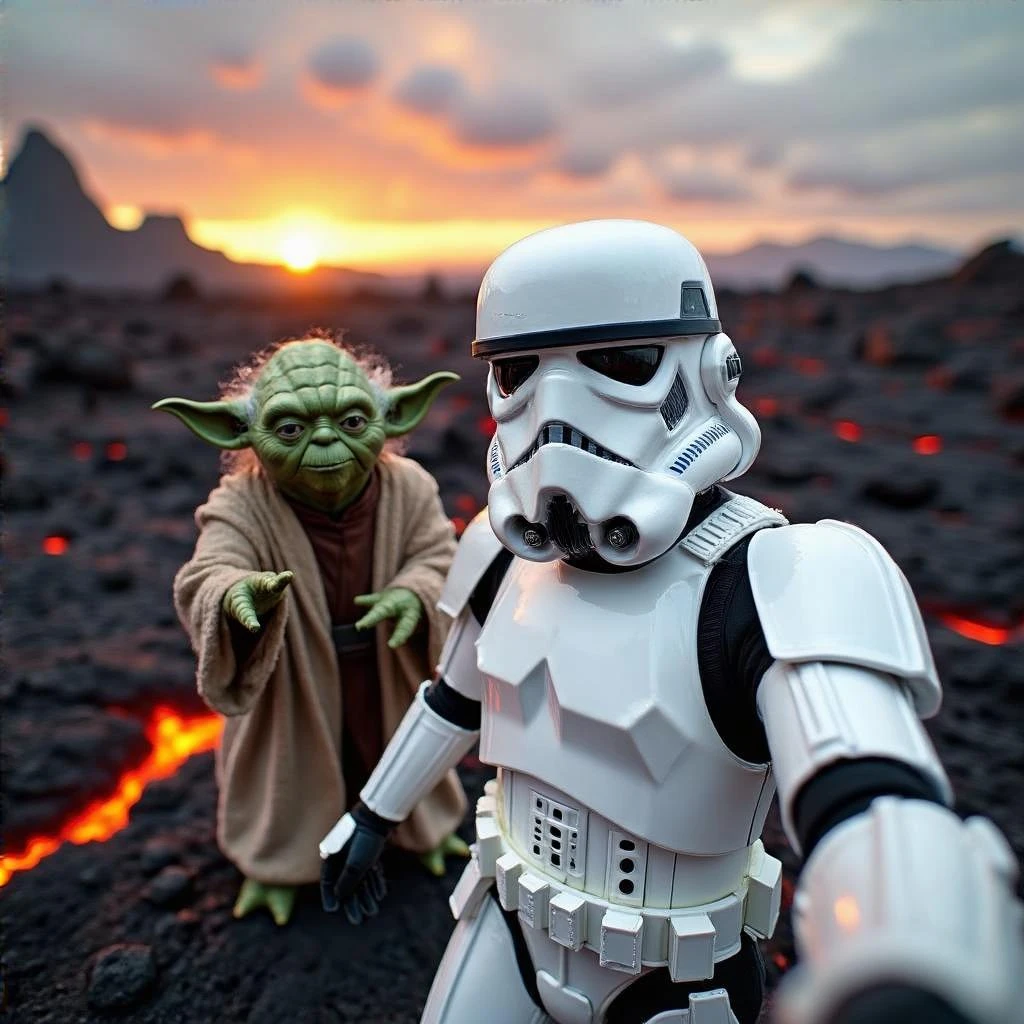 Camera POV, Starwars stormtroopers vlogging selfie, he is walking on lava planet with yoda emoji