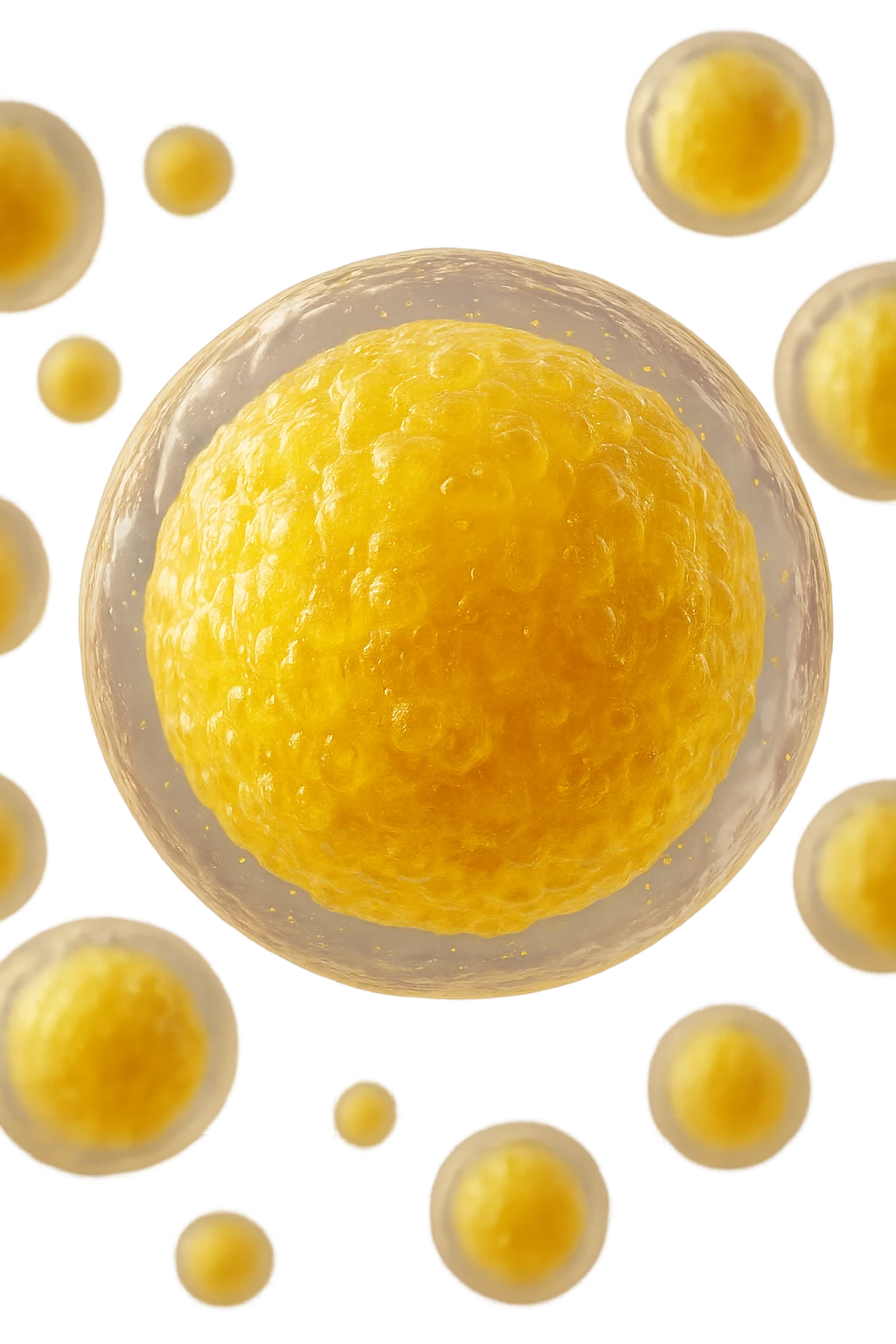 cellule di grasso anatomiche gialle realistiche umane fluttuano in aria, iperrealistico 4k emoji