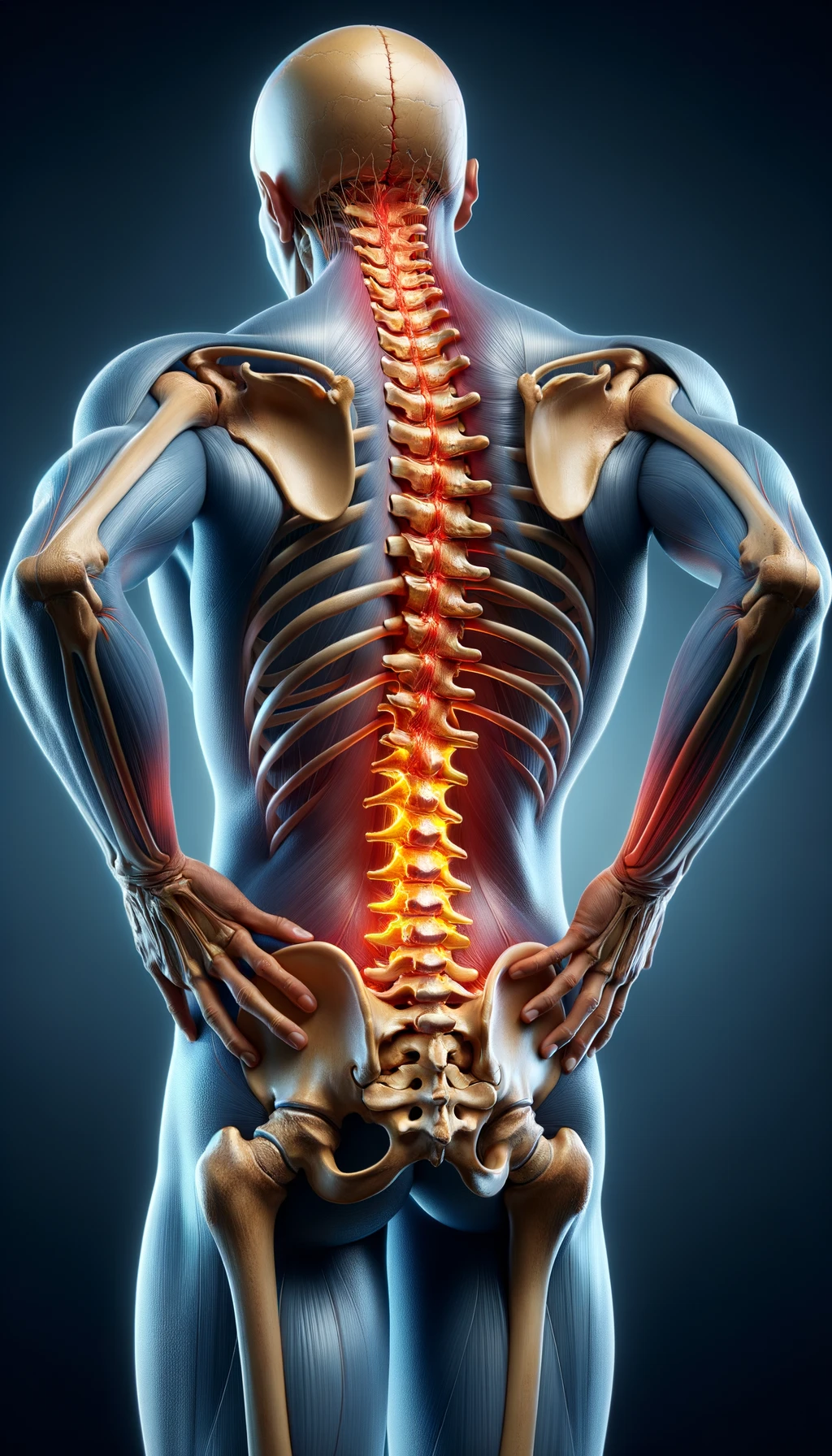 corpo umano anatomico di spalle con spina dorsale storta, dolore alla schiena e spina dorsale anatomica realistica, iperrealistico 4k emoji