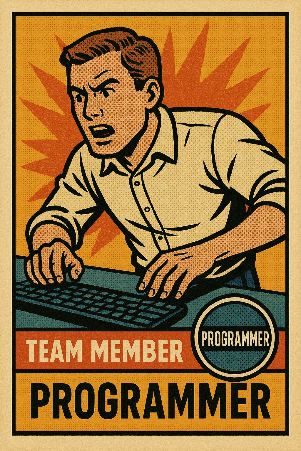 team member card inspired by classic baseball cards, with retro fonts, action shot, and badge for role emoji