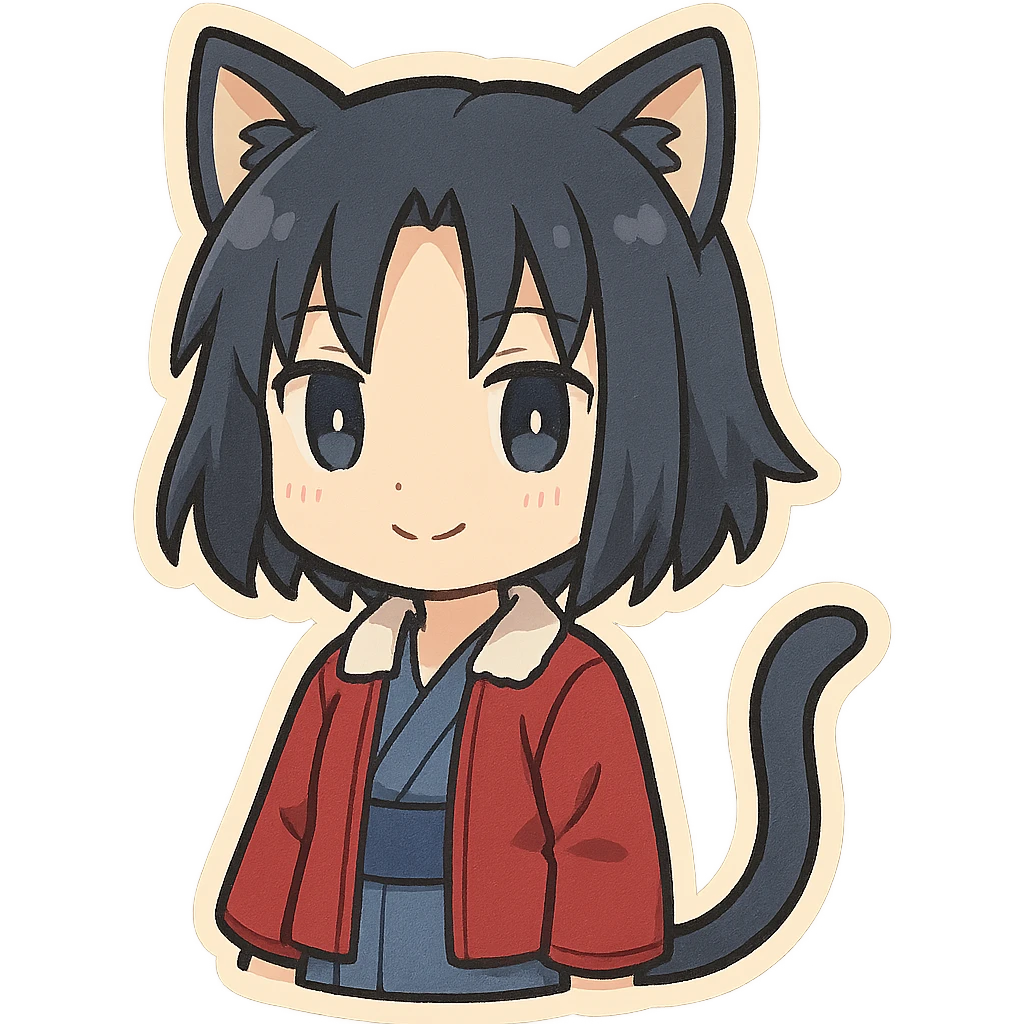 Ryougi Shiki as a chibi with cat ears and cat tail, neutral smile emoji