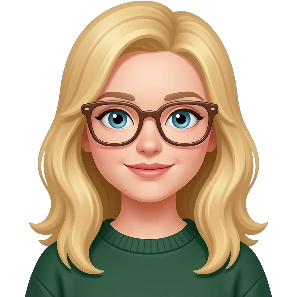 Blond Hair girl with squared light brown glasses, blue eyes. White skin and dark green pullovers. emoji