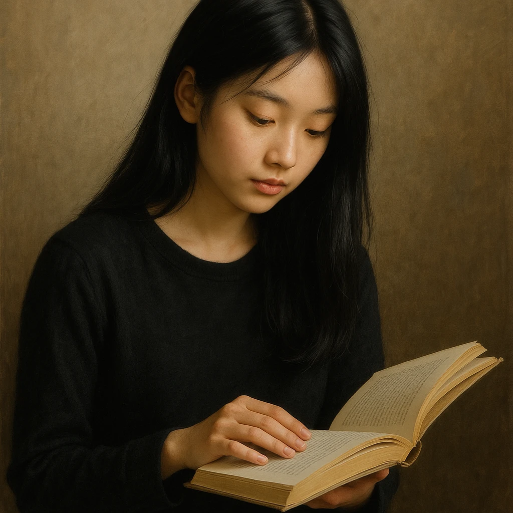 Girl with black hair reading a book emoji