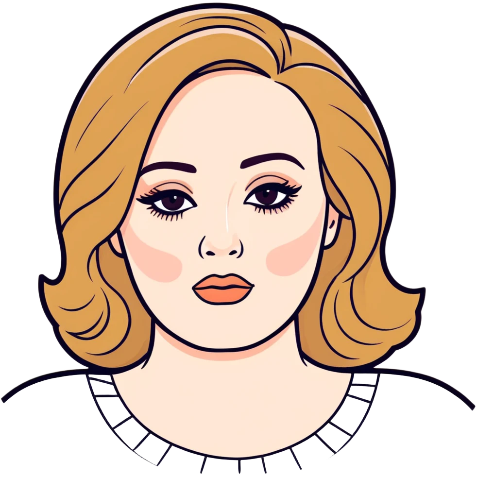 8k, 7000x7000px resolution, clean, smooth, thin lines, ultra detailed, hyperrealism, celebrity, best selling singer, Adele 2023. Glossy appearance, clean thin lines. Perfect makeup emoji