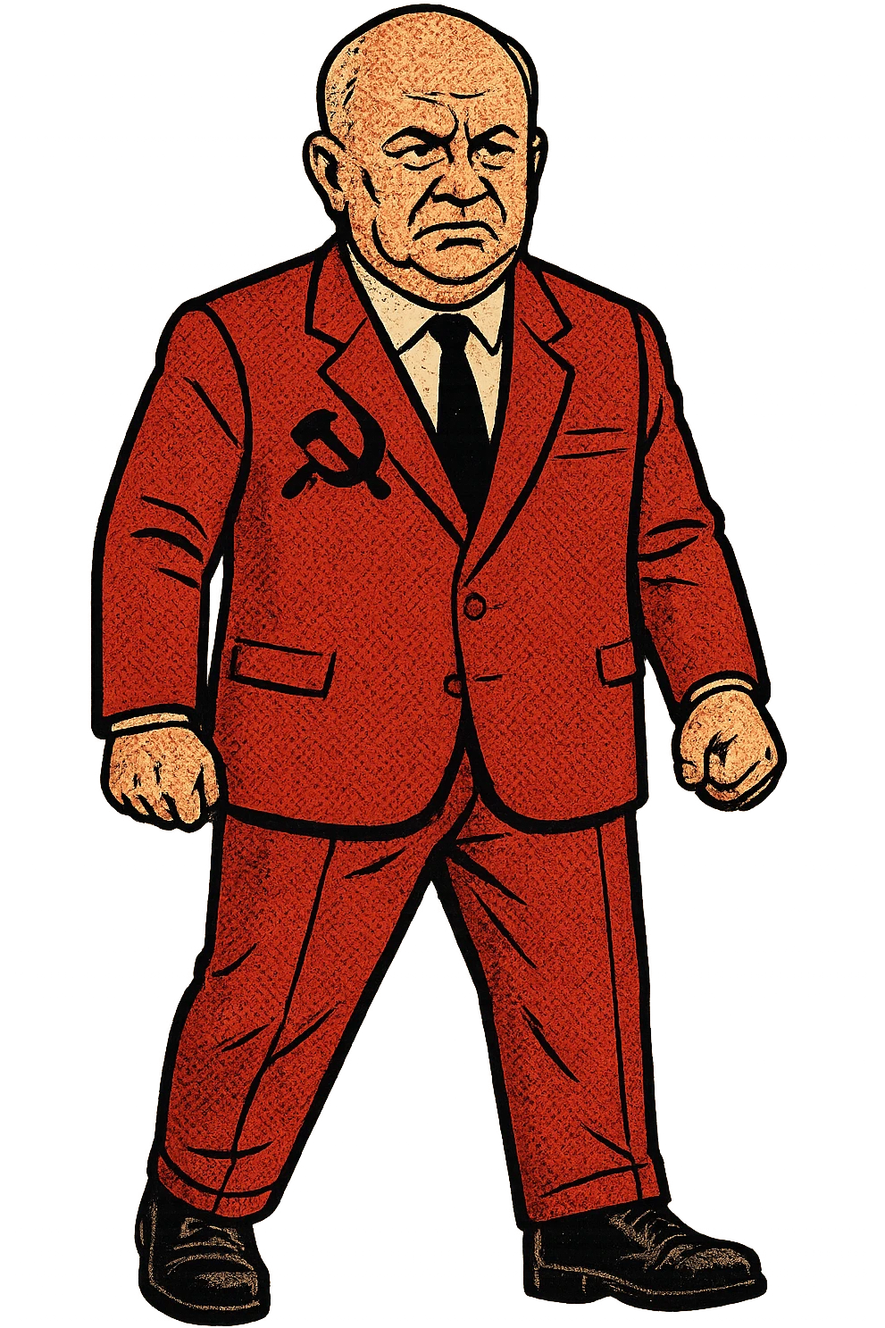 The full body of a male middle aged Russian leader who looks like Nikita Khrushchev wearing a red suit with the communist party logo and looking seriously emoji