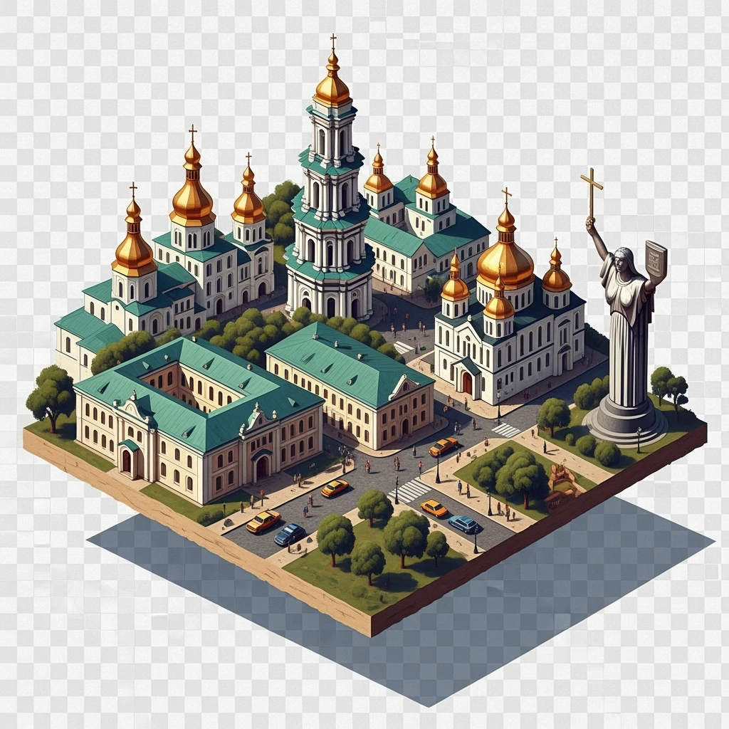 Isometric illustration of photorealistic Kyiv, balanced between paint stylized and realistic, 3D miniature effect, transparent background. emoji