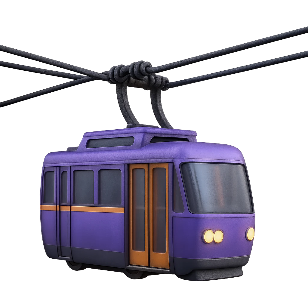 Add realistic textures, visible windows, cables, and 3D lighting effects to the purple cable car, enhancing its detail with a matte glass 3D style. emoji