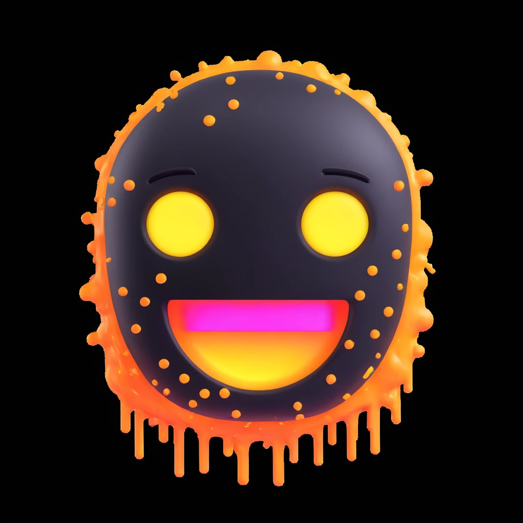 melting emoji face merging with a digital robot, emoji dissolving into neon digital particles, flat 3D icon, vibrant neon palette, white background emoji