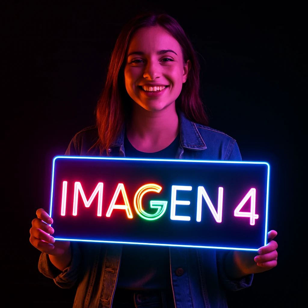 make a girl holding this sign, but sign in made of neon emoji