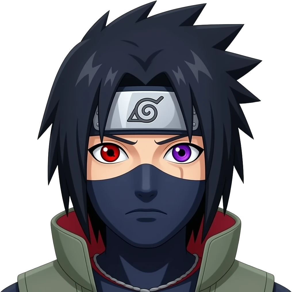 Sasuke Uchiha with red 3  comma sharingan  in one eye and purple riple pattern rinnegan in another eye emoji