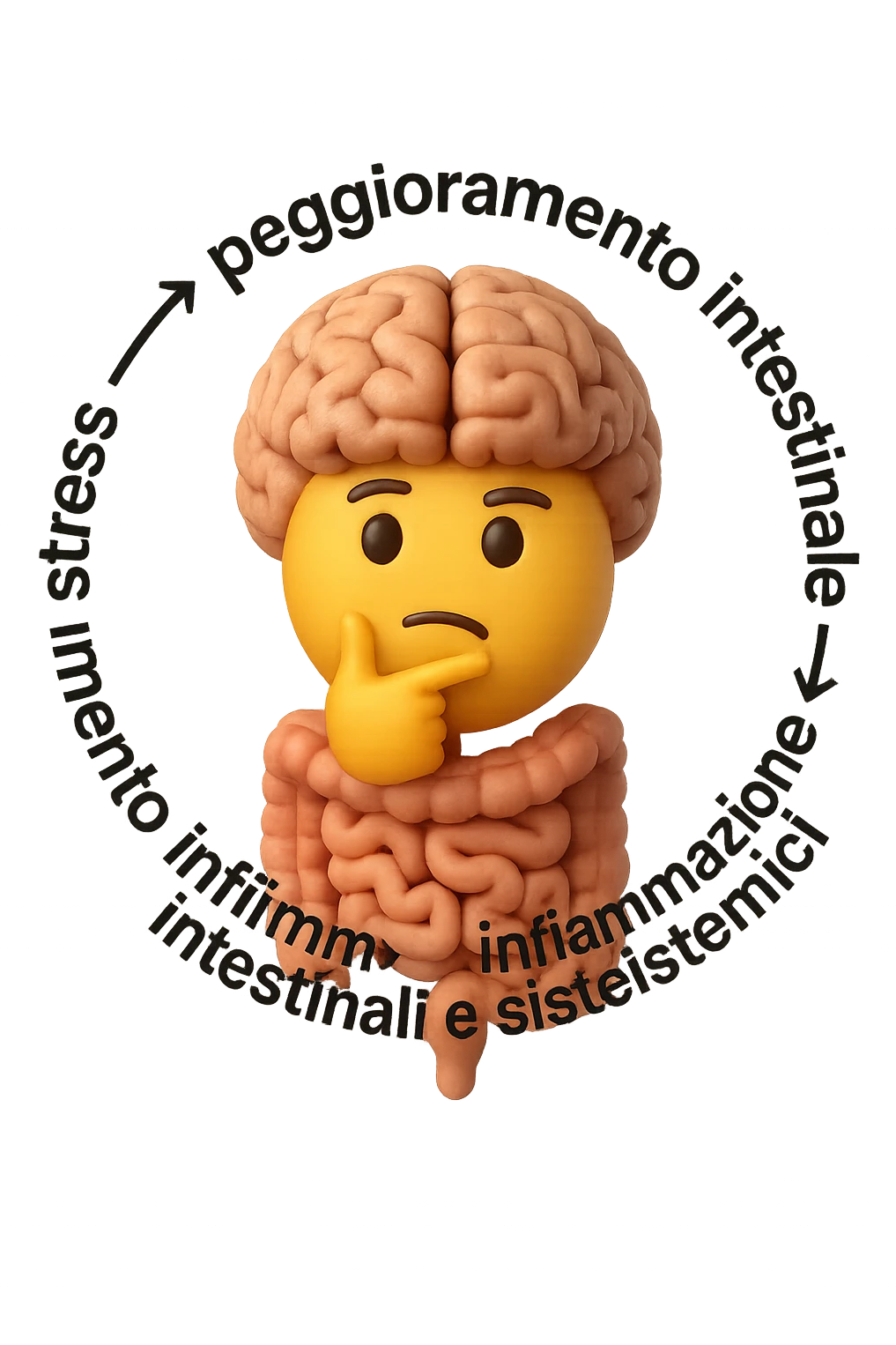 EMOJI STILE IPHONE 3D DI un cerchio con queste scritte che girano intorno "stress → peggioramento intestinale → aumento infiammazione → peggioramento sintomi intestinali e sistemici." al centro del cerchio metti un cervello e intestino umani collegati verticalmente con espressione dubbiosa in volto, FALLO MOLTO REALISTICO IN 3D emoji