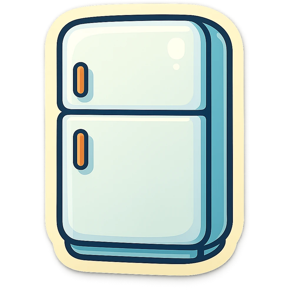 Closed modern refrigerator, flat vector style, rounded edges, simple handles, clean white surface, minimal details, soft shadows, no brand logos, UI sticker look, slightly taller proportions. emoji