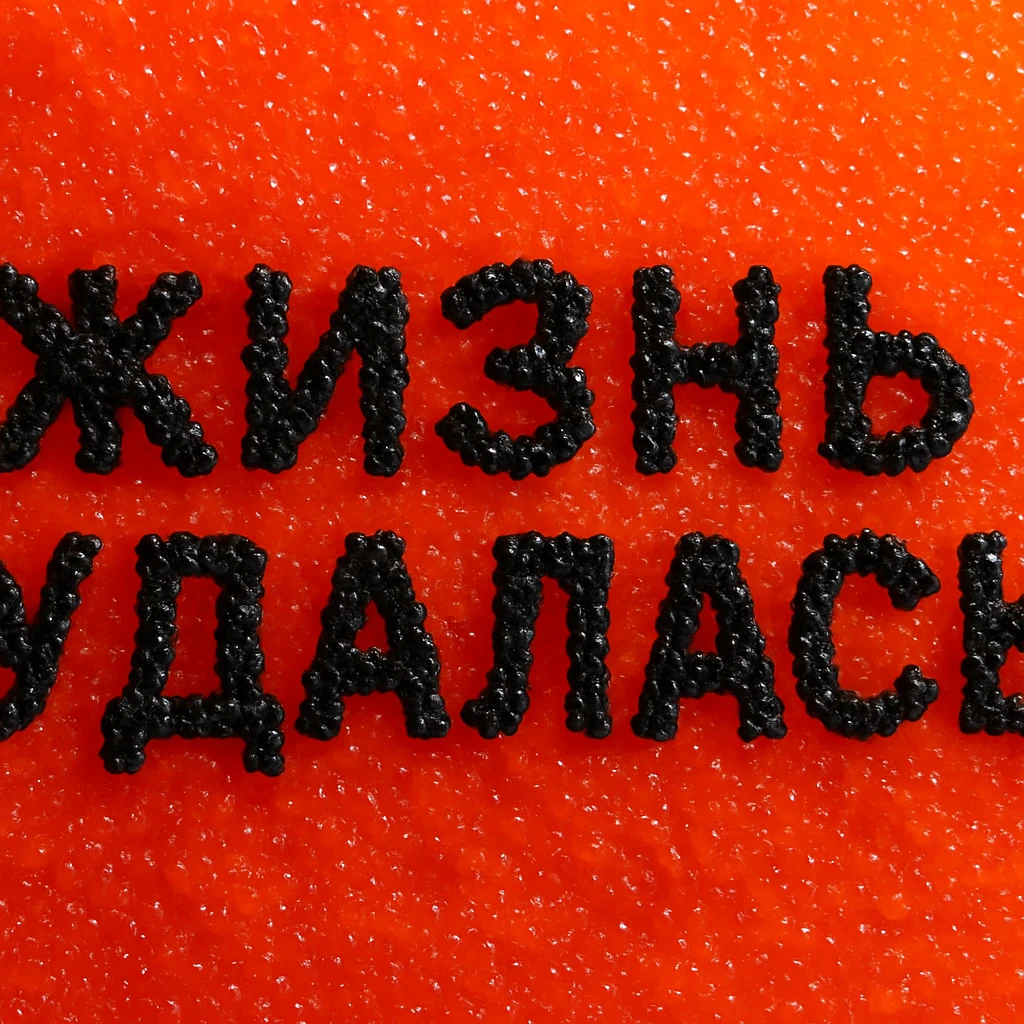 Надпись Жизнь удалась сделанная чёрной икрой на фоне красной икры, надпись должна быть сделана в одну строку, а не в две emoji