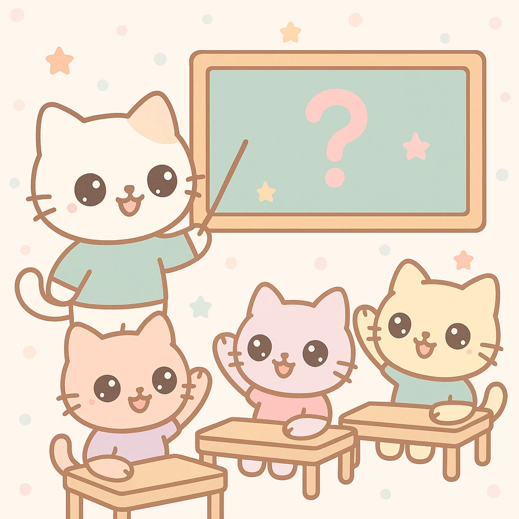 cat teacher asking questions to student cats, student cats raising hands, warm and friendly classroom scene emoji
