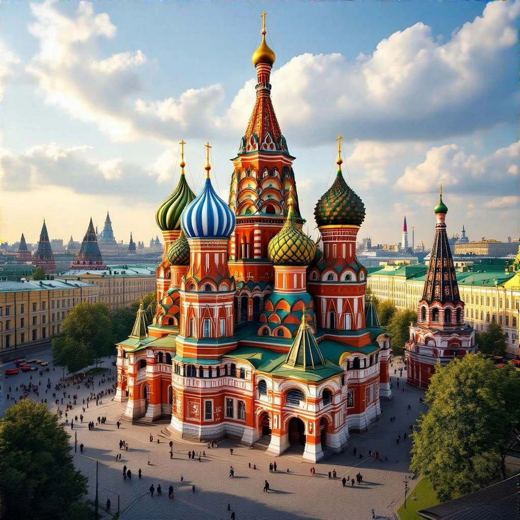 Изометрическая фотореалистичная иллюстрация Собора Василия Блаженного в Москве с яркими куполами-луковицами, упрощённые текстуры с чёткими, но мягкими контурами, баланс между стилизацией и реализмом, эффект миниатюры, без мультяшности, прозрачный фон. emoji