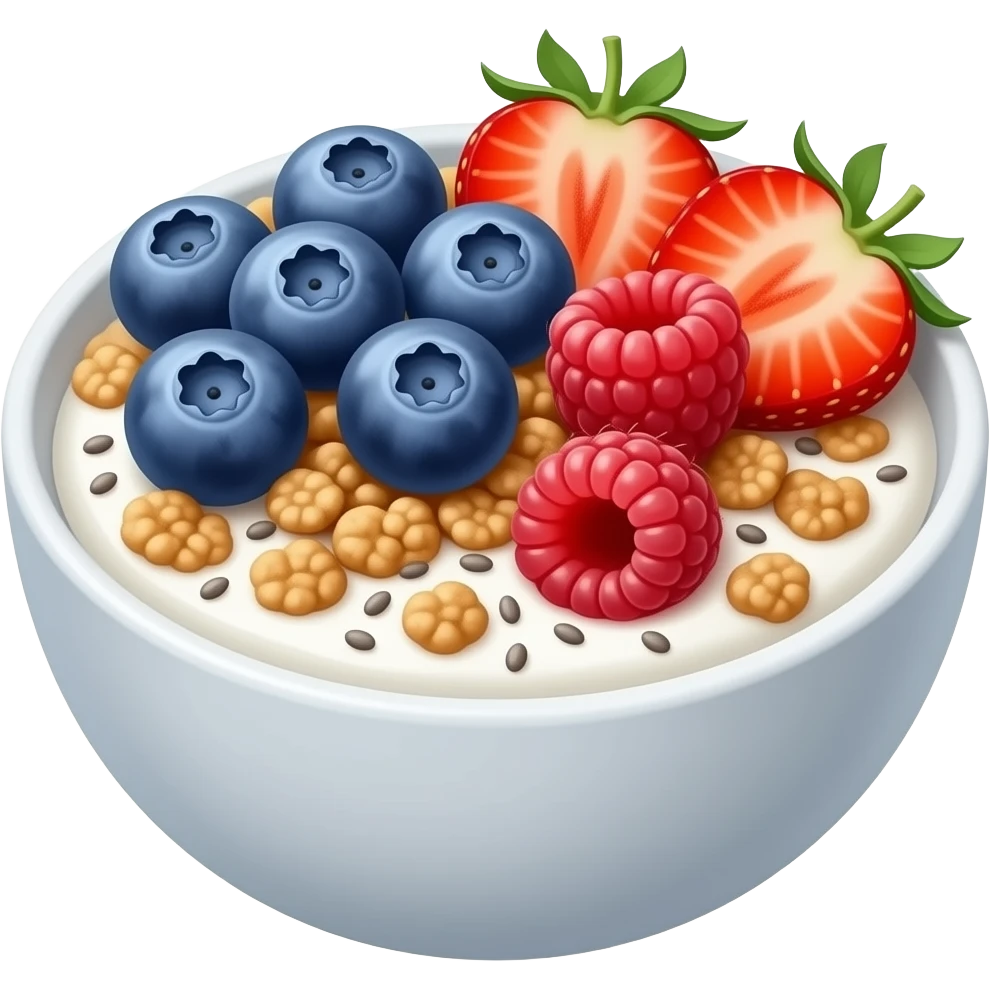 yogurt bowl with blueberries, strawberries, raspberries, muesli and chia seeds in it emoji