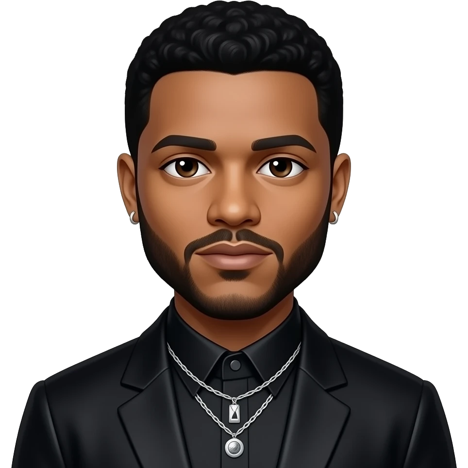 The Weeknd with dark brown eyes, black hair, black metallic high neck shirt, necklace and earrings emoji