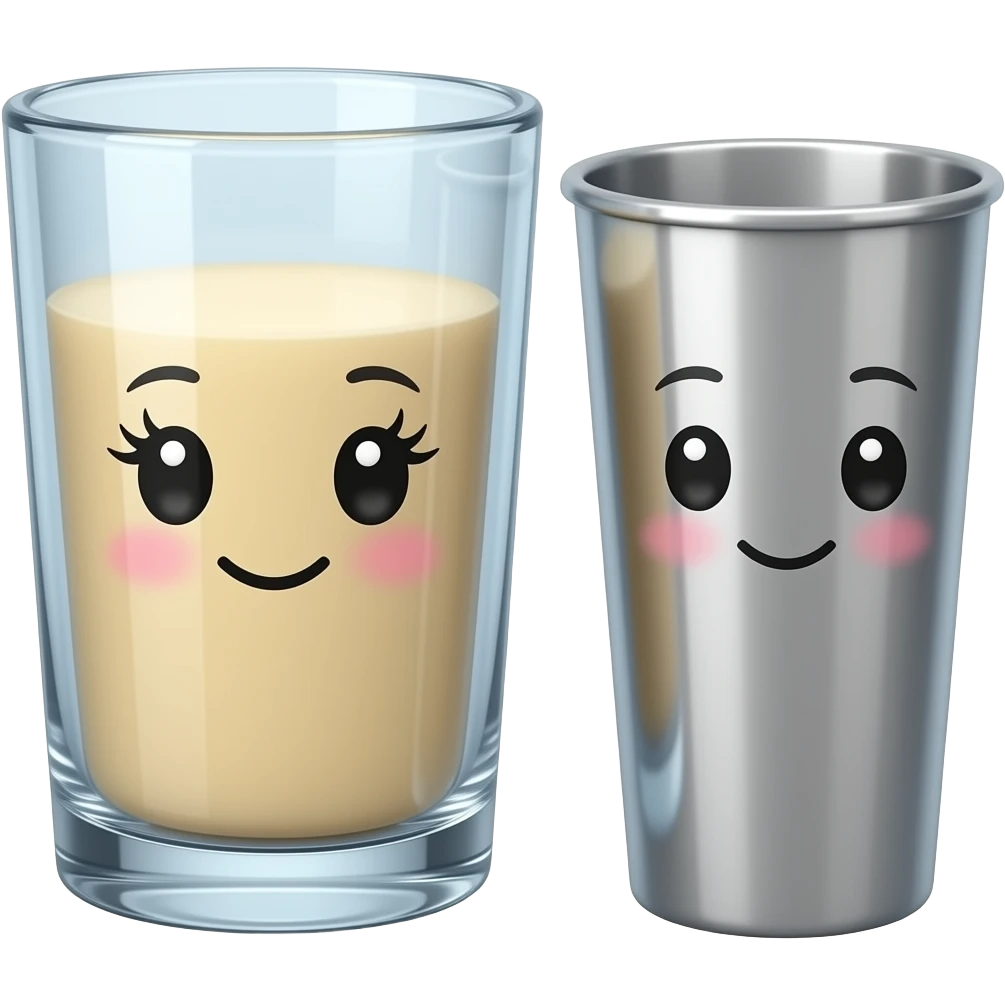 Fat glass cup with a cute face with eyelashes next to slim metal cup with a cute face without eyelashes emoji