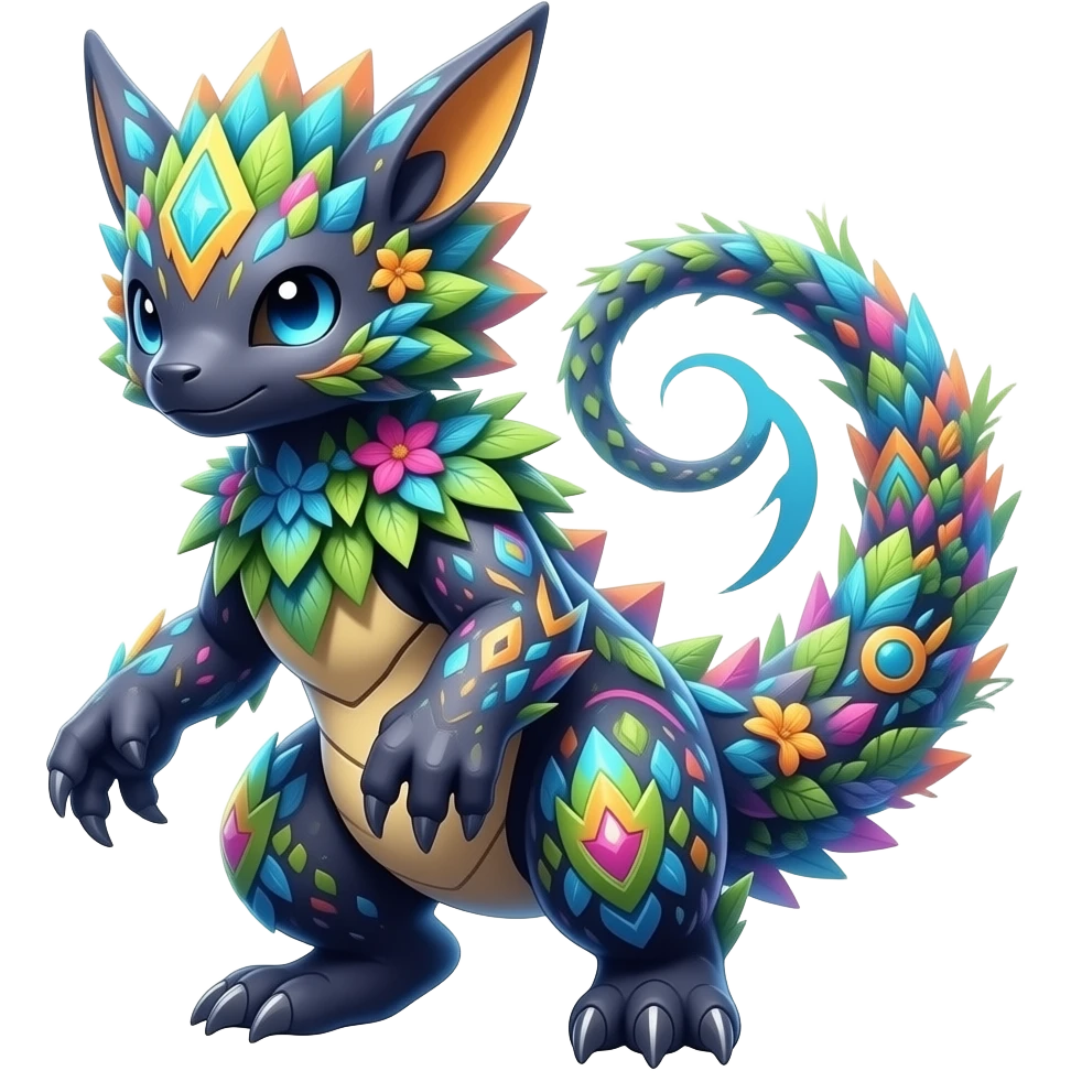 Tropical exotic futuristic lush warm-colored modern colorful neon-colored cyber-Fakémon-Digimon-Trico-creature emoji