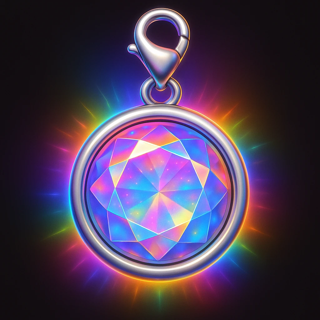 Add an iridescent glow to the blue moonstone holographic gem charm with silver metal frame, keep emoji style, no gemstone accents emoji