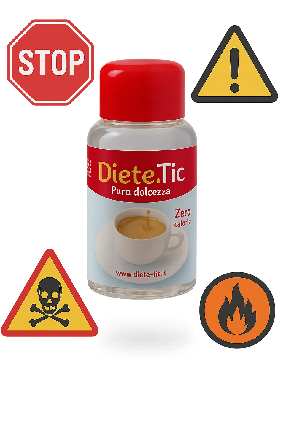 BOCCETTA DI DOLCIFICANTE LIQUIDO CON LA SCRITTA "DIETE-TIC" SULL'ETICHETTA FLUTTUA IN ARIA INSIEME A SEGNALI DI PERICOLO 3D emoji