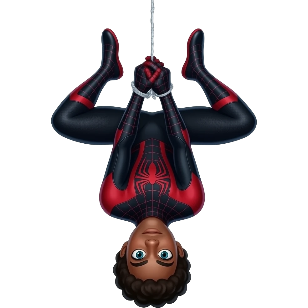 Spiderman miles morales wearing his mask in his black and red suit hanging upside-down holding the web string with both hands with his mask on emoji