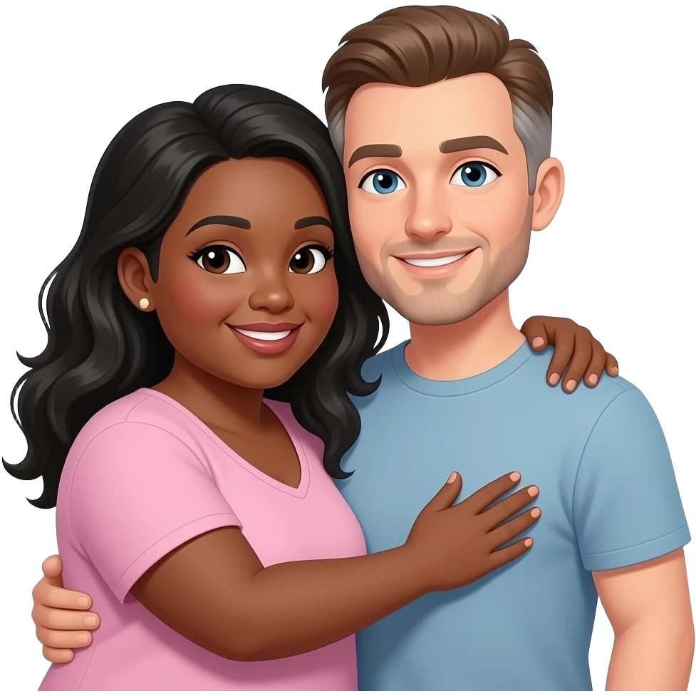 Plus sized Black woman with dark hair bits of gray, hugging around the neck  white man medium build with medium color with some grey hair emoji