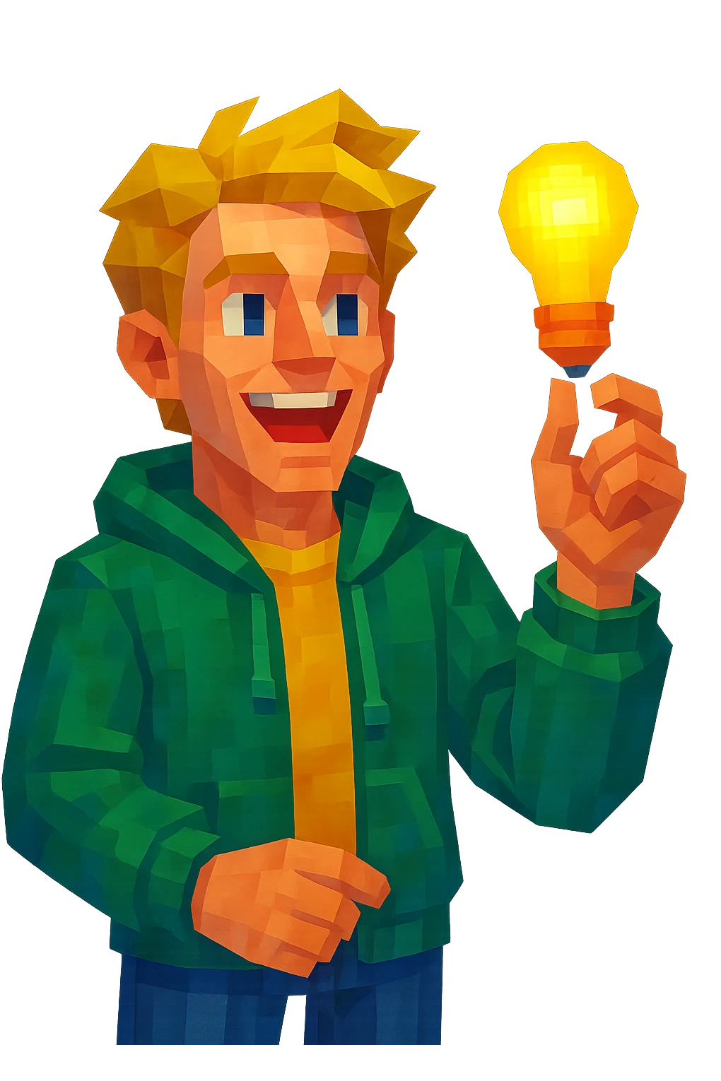 bright and expressive male visionary, fair skin, tousled golden hair, wide joyful eyes, wearing a green hoodie over a yellow tee, one hand raised with a glowing lightbulb, waist-up, front-facing emoji