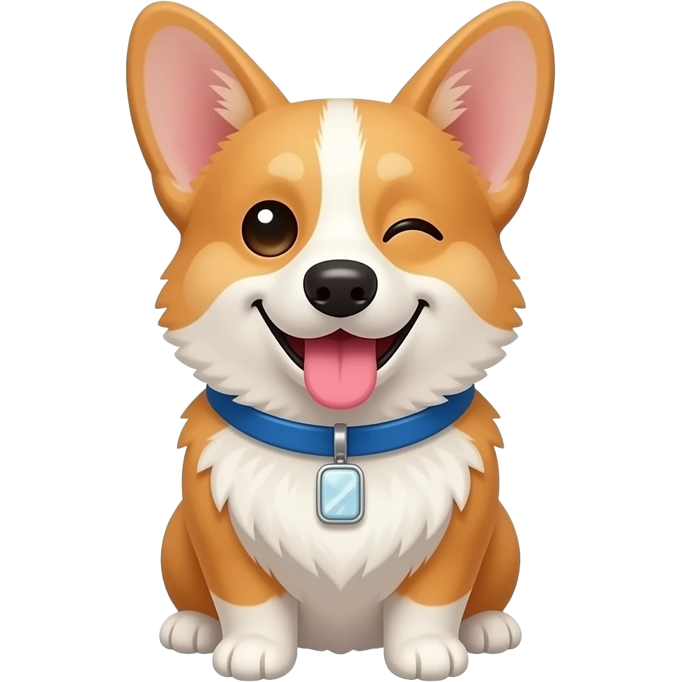 silly corgi dog, looking at the camera, eyes looking at different ways, cross-eyed, tongue out and smiling with closed mouth, blue collar, white rectangle stone as a collar pendant emoji