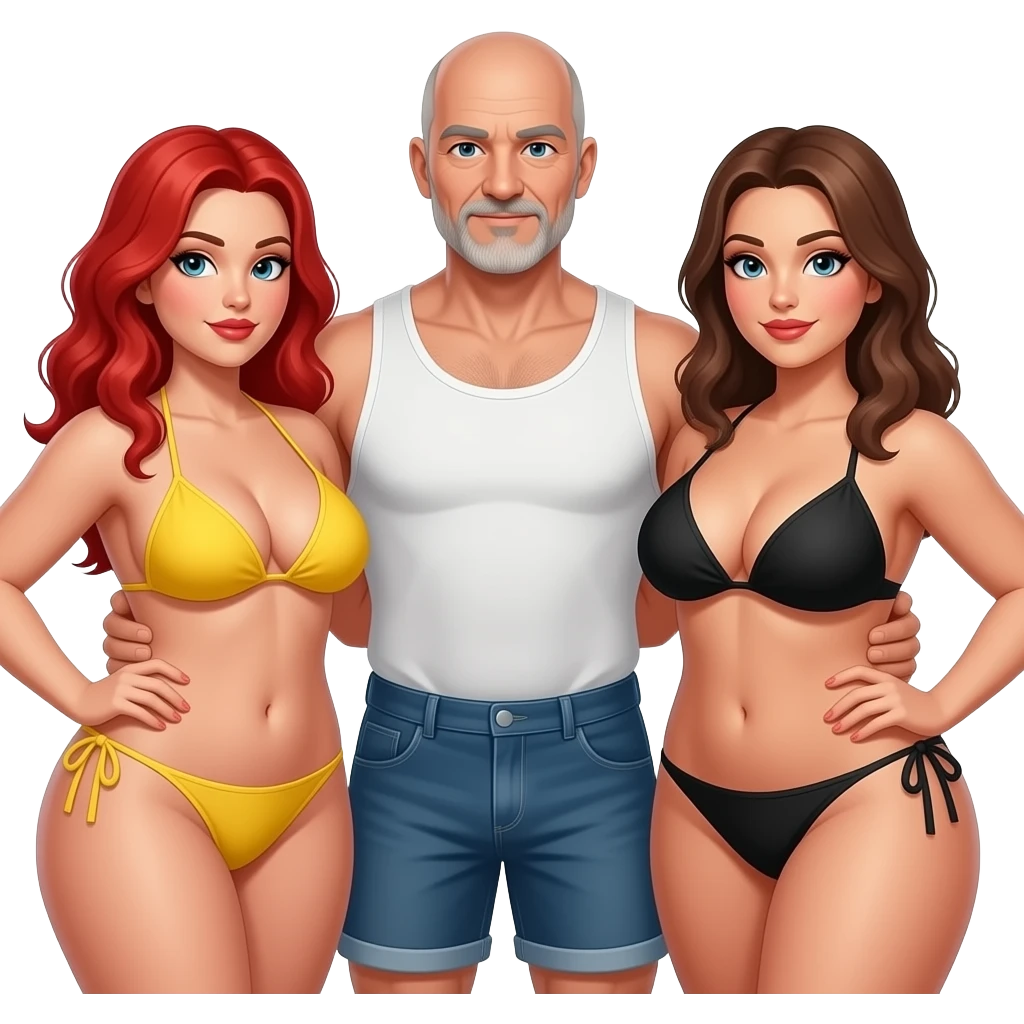 Handsome, bald,  muscular man with goatee, age 57,  standing close between  2 very full figured women in bikinis, redhead with yellow bikini and brunette black bikini with larger breasts emoji