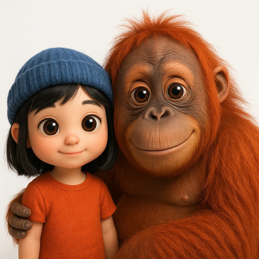 {
  "rendering": "3D rendered digital illustration",
  "materials": "high-detail textures with realistic material rendering",
  "lighting": "studio lighting with soft diffused shadows",
  "shading": "soft ambient occlusion, subsurface scattering on skin",
  "forms": "rounded smooth forms",
  "background": "clean white background",
  "eyes": "glossy reflective eyes",
  "colors": "vibrant saturated colors",
  "surface_detail": "detailed surface textures including fur strands and fabric weave",
  "animal_proportions": "naturalistic proportions for animals and objects",
  "human_proportions": "cute stylized proportions with large expressive eyes for human characters only",
  "subject": "orangoutang"
} emoji