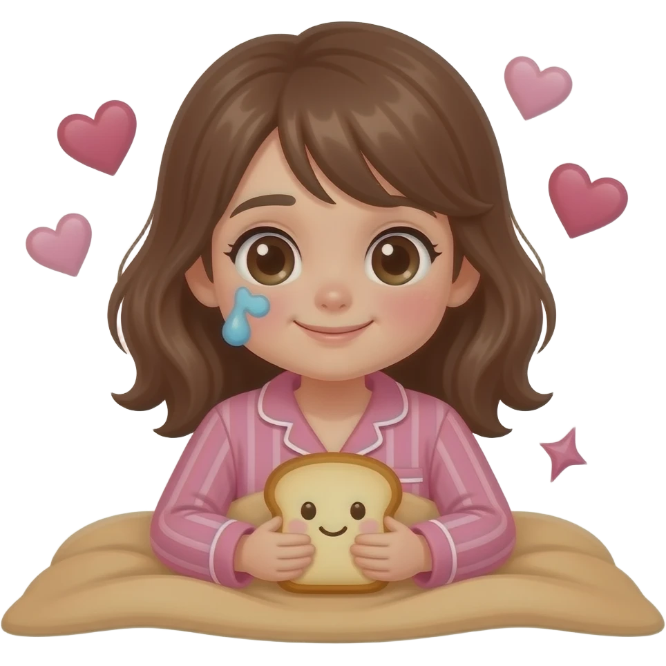 Light brown blanket and bread plushie sick day  with a girl with brown hair and pink pajama and hearts emoji