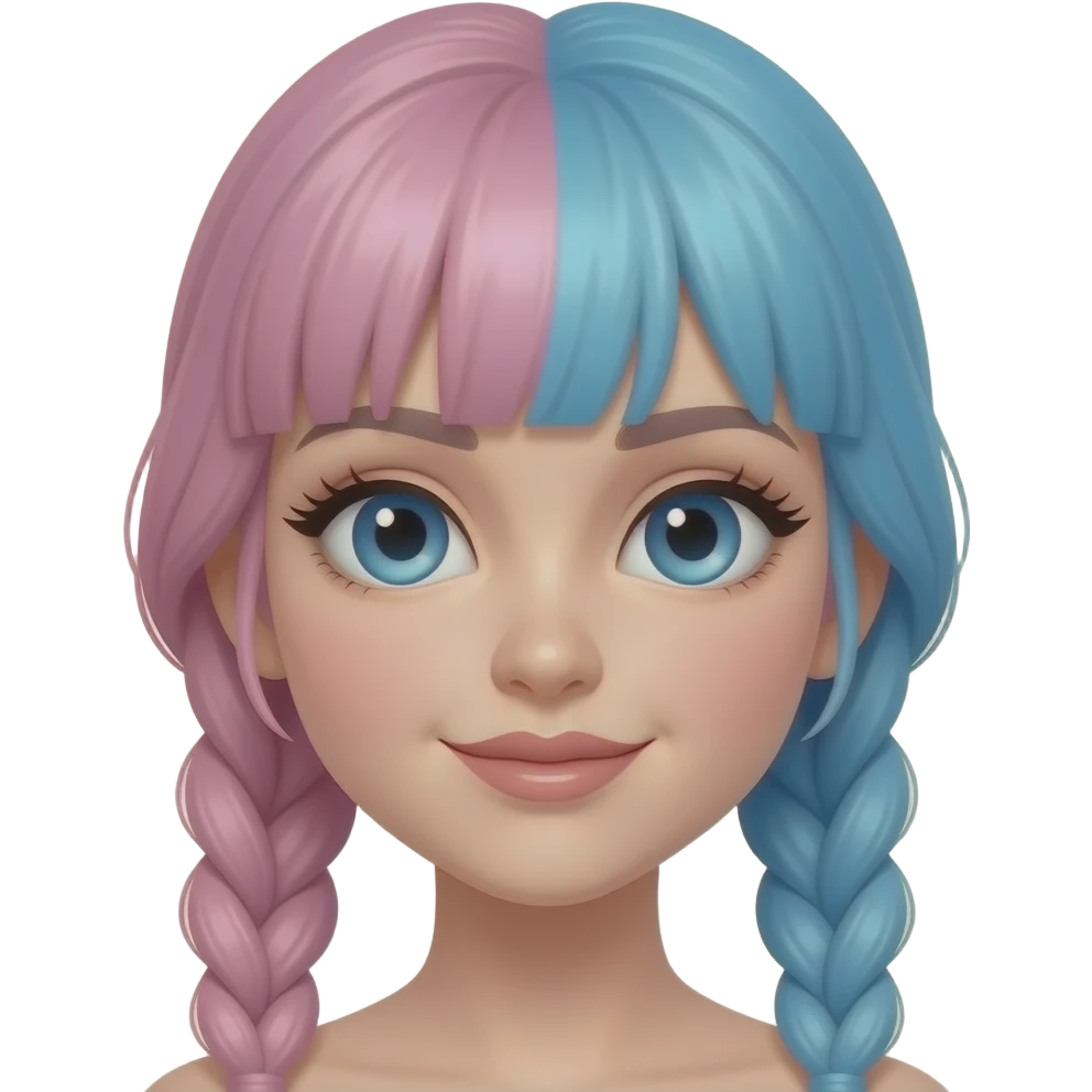 pastel pink and blue split hair with braids, big shiny eyes, soft face, slightly seductive confident expression, subtle smirk, glossy lips, defined lashes, modern aesthetic girl, not childlike, mature cute, bubblegum aesthetic, smooth shading, sticker style, pastel colors, transparent background emoji