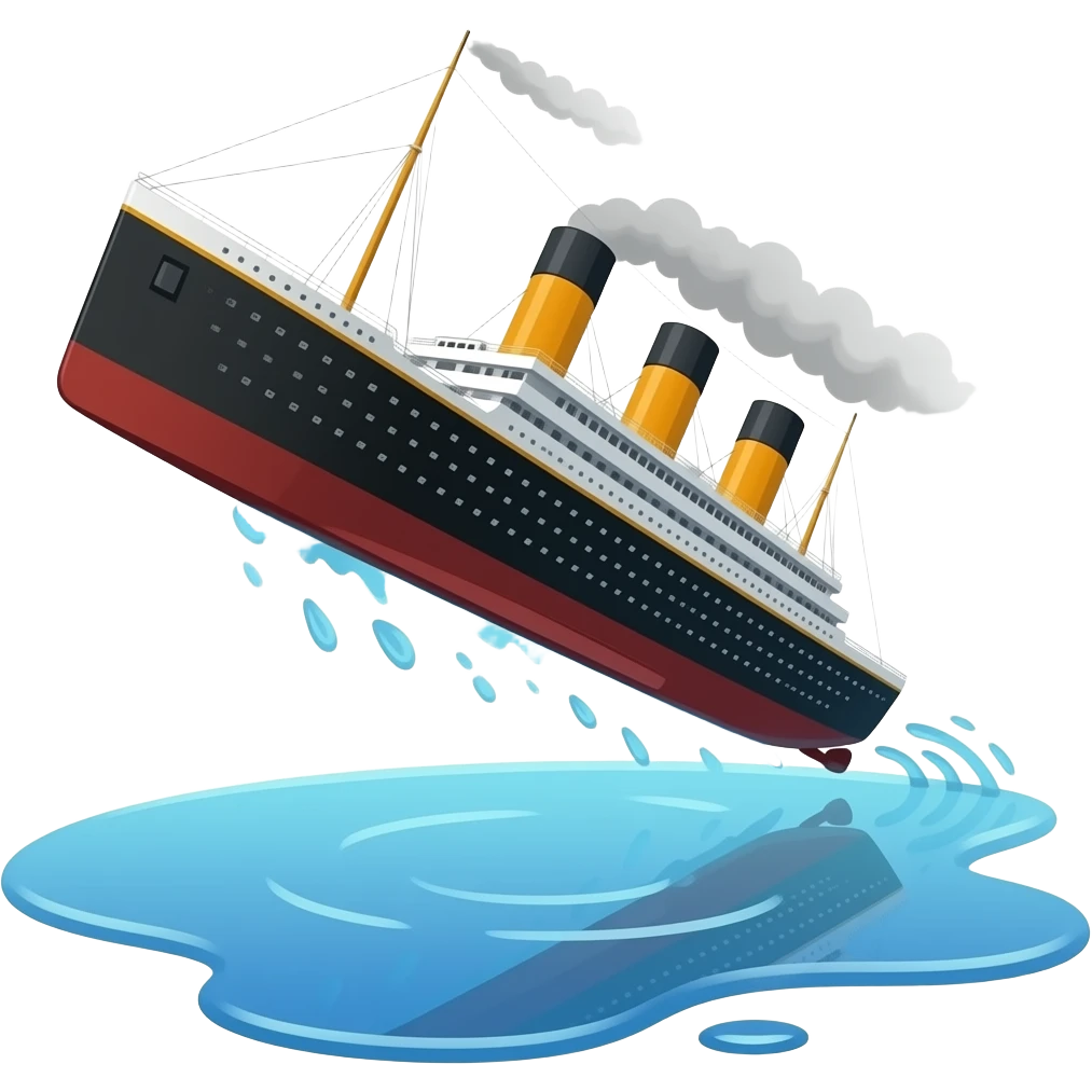 The ship Titanic flies above a shallow puddle of water - horizontally emoji