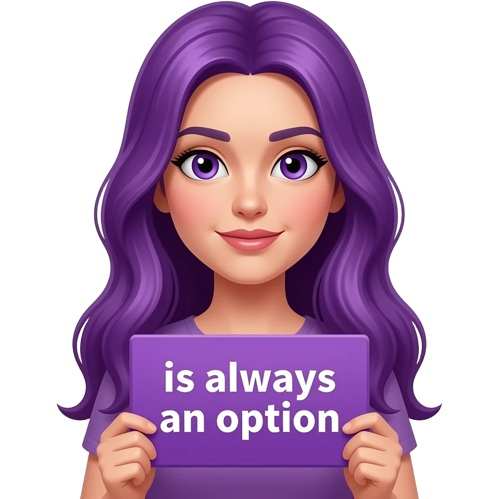 sexy girl with long purple hair and purple eyes holding a PURPLE is always an option sign emoji