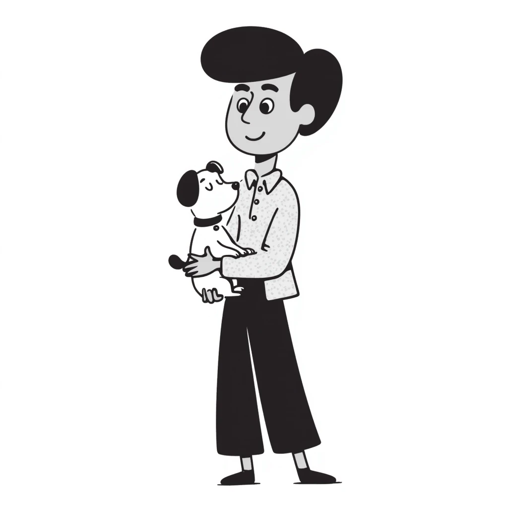 Mexican man with black hair and brown eyes wearing a shirt and black pants, holding a small white dog with one brown ear emoji