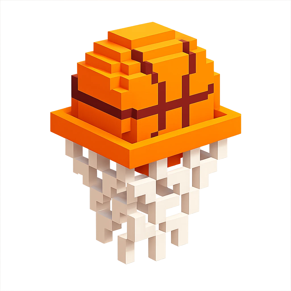 A voxel-style basketball in a net, monochromatic and sleek emoji