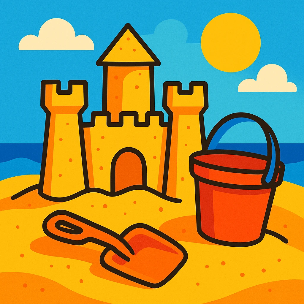 sandcastle with a bucket and shovel, whimsical and summery style emoji