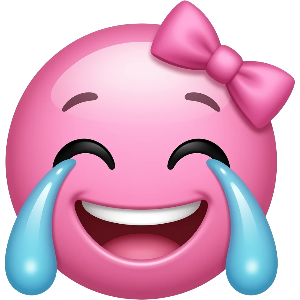 pink preppy joy/laughing smiley face. I want it to look like the classic yellow face. make it at least look good. SILLY. little happy tears and pink bow emoji