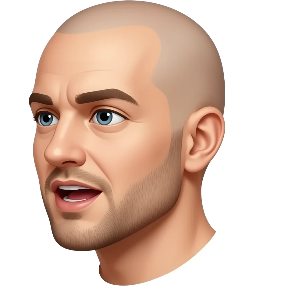 a bald man looking directly to the side, talking with an open mouth emoji