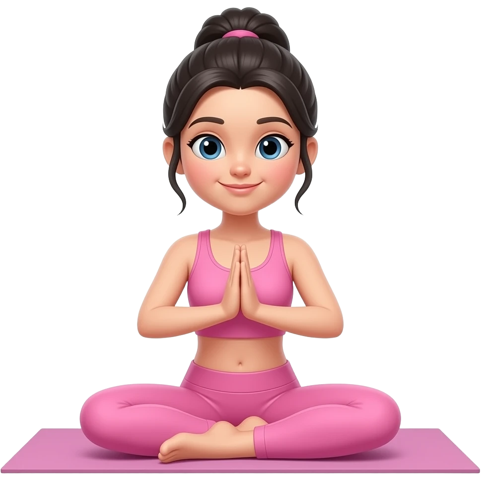 Una chica blanca con pelo negro recogido en una coleta haciendo yoga con un traje rosa emoji emoji