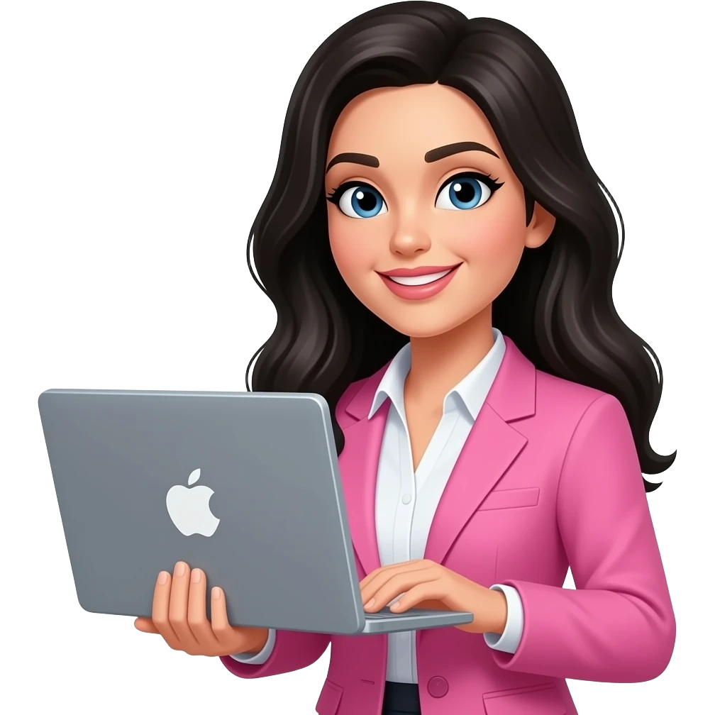 Mujer cambiale el saco de oficina a rosa y el pelo negro, con computadora apple gris emoji