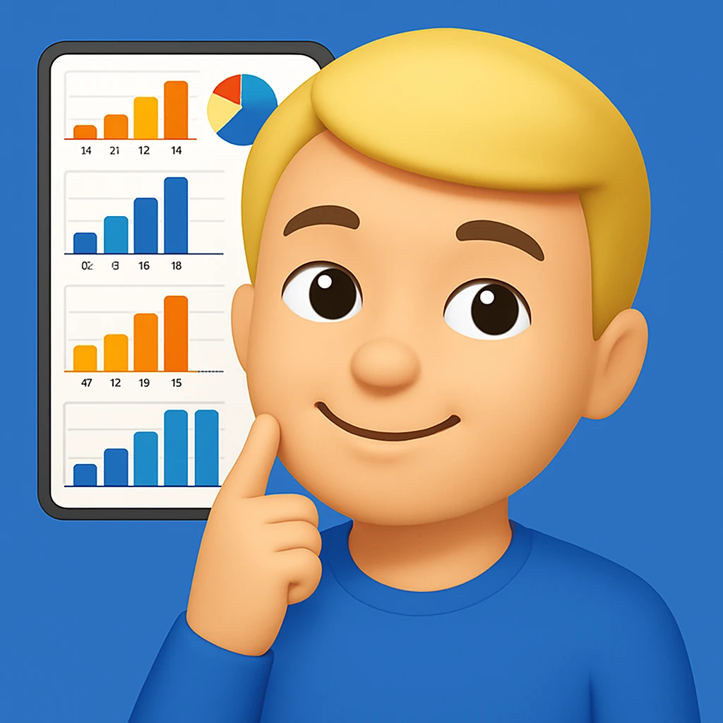 Person thinking with graphs in the background, apple emoji style, smiling with a closed mouth (no teeth), with a blue background. The style should resemble apple emojis with concise details. emoji