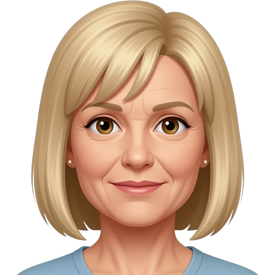 female, 50's blonde straight hair with fringe, earrings, brown eyes emoji