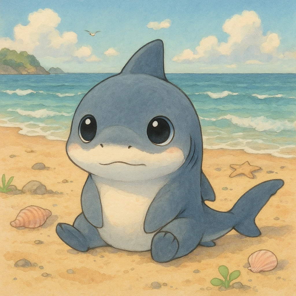 baby shark sitting on the sand, cute big eyes emoji