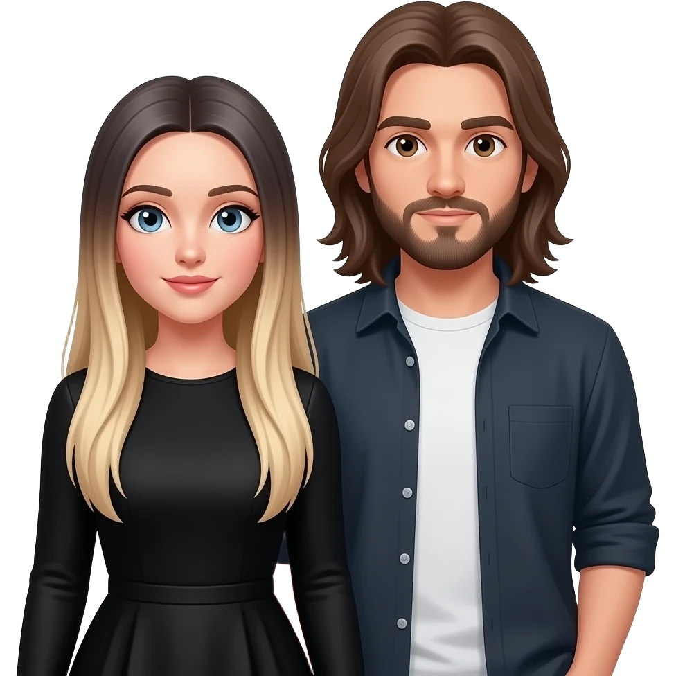 grey eyes woman, In long sleeves black dress, with extreme long very straight blond hair with ombré hair and her boyfriend, with long brown straight hair beard and brown eyes emoji