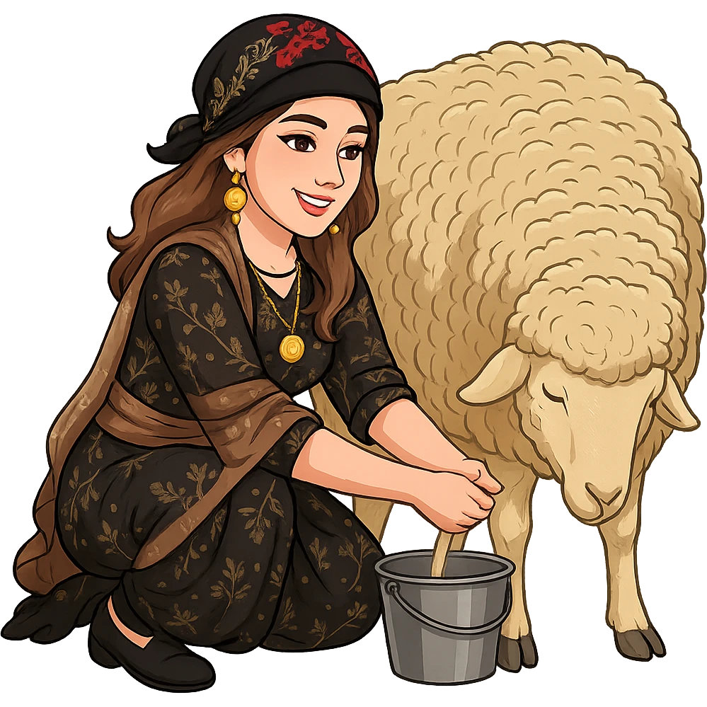 Create a Kurdish cartoon sticker of the same woman in a new Kurdish dress, milking a goat or sheep in the exact pose and hand position as shown in the reference photos. The style should be realistic and clear cartoon style with no text and a transparent background. emoji