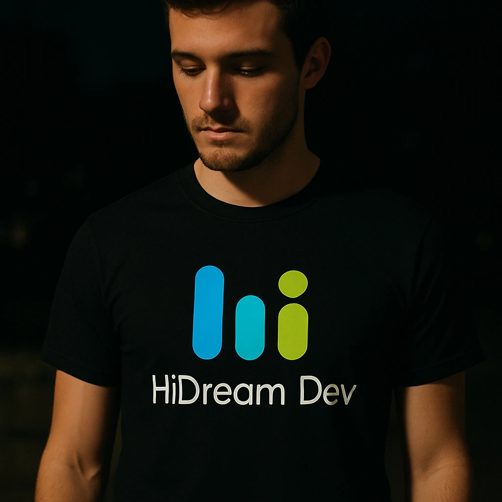 man wearing tshirt with this logo, dark night background with dim  emoji